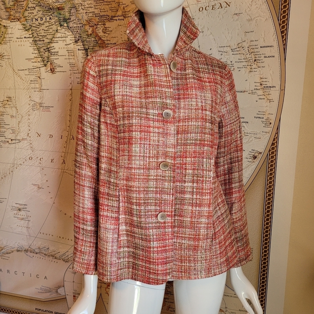 Norm Thompson red ivory tweed womens jacket collar wood buttons pockets office S